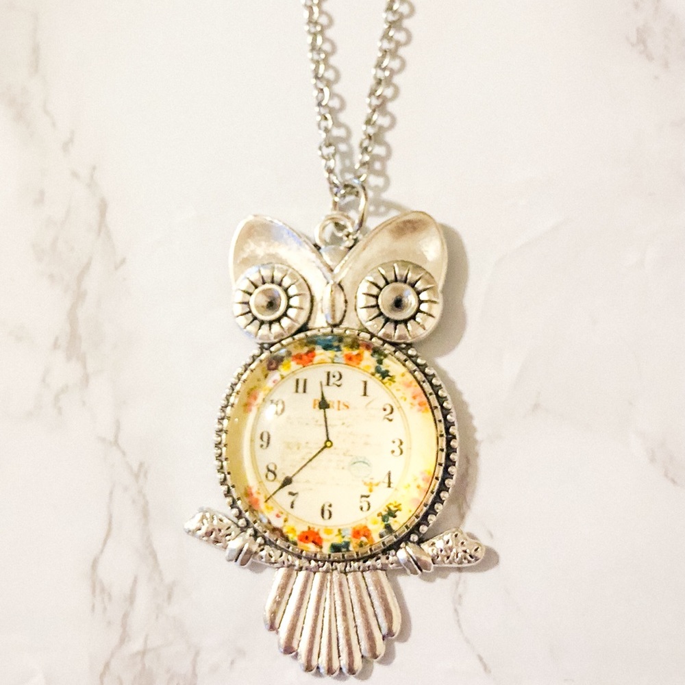 Silver Owl Resin Clock Pendant Necklace